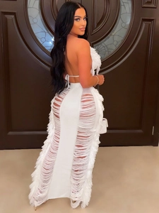 Elegant white crochet halter maxi dress with hollow out details and long fringe