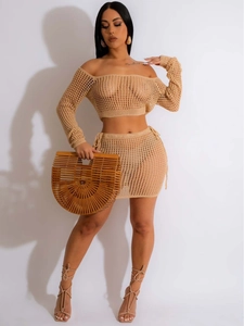 Women Sexy Acrylic Crochet Hollow Out Top And Bottom Off Shoulder Long Sleeve Crop Top And Mini Skirt Beach Cover Up Set
