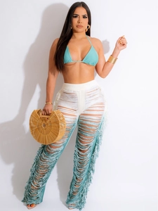Women's summer two-piece knit set with gradient fringe pants and blue bikini top