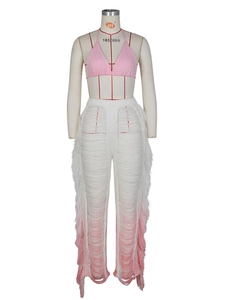 Women's two-piece pink halter bikini and white gradient fringe knit pants beach set