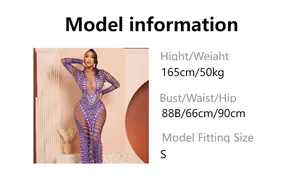 Größentabelle für ein lila Maxikleid mit Strasssteinen und Model-Passformdaten