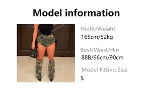 Maattabel voor camouflage short voor dames met legwarmers en model afmetingen gids