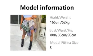 Tabella taglie e info modella per minigonna sexy asimmetrica in denim patchwork