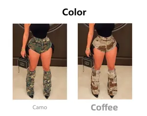 Detailweergave van de camouflage shorts met hoge taille en bijpassende beenwarmers