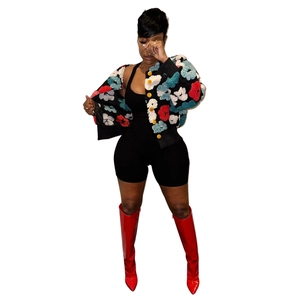 Floral embroidery cropped jacket with metal buttons and red patent over-the-knee boots
