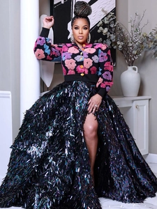 Vintage cardigan with 3D floral flocking and sequined fringe high slit maxi skirt set