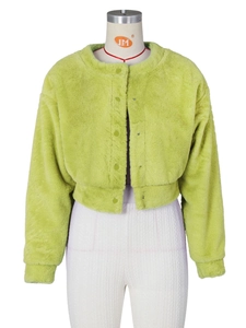 Women's casual lemon green faux fur short jacket with round neck and buttons