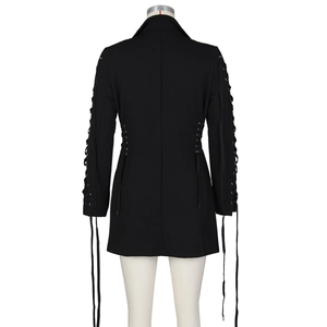 Rückansicht eines schwarzen mittellangen Blazers mit Schnürung, Ösen und langen Bändern