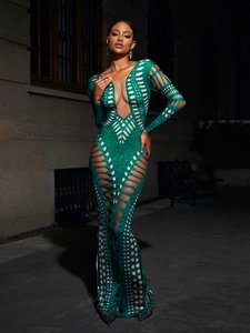 Sexy dunkelgrünes Pailletten-Abendkleid mit Cut-Outs und tiefem V-Ausschnitt Netz