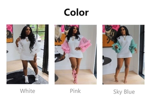 Three-color collage showing white, pink, and blue dresses with sheer mesh pleated sleeves