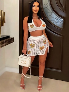 Outfit da Donna Halter Crop Top All'uncinetto e Minigonna Con Spacco Laterale Maglia Cuore Arcobaleno Vestiti Estivi da Spiaggia