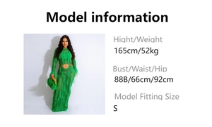 Detailed close-up of grass green knit maxi dress featuring hollow out design and fringe