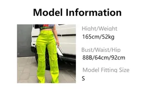 Tableau des tailles avec paramètres du modèle pour pantalon cargo vert néon