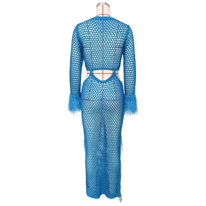 Detail of hollow crochet texture and faux fur trim on back of blue knit beach dress