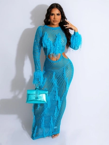 Blue sequined crochet beach dress with feather tassels and side cut-outs for women