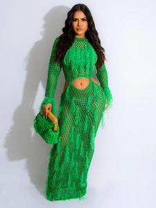 Women Sexy Crochet Hollow Out Tassel Maxi Dress Long Sleeve Cut Out Bodycon Beach Party Dress Faux Fur Fringe Knit Dress
