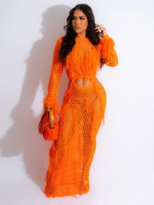 Orange handmade crochet beach dress with feather tassels and waist cut-out details