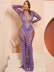 Sexy Cut Out Strass Langarm Maxi Kleid Damen Hohl Bodycon Abend Party Bodenlang Abendkleid Clubwear Kleid