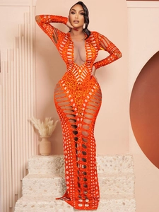 Sexy hellorangenes Pailletten-Maxikleid in Bodycon-Passform mit Cut-outs und V-Ausschnitt