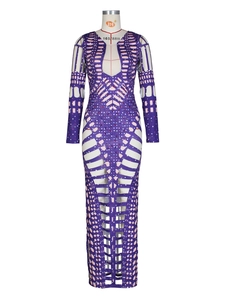 Sexy lilas Bodycon-Kleid mit geometrischen Ausschnitten und Strassprint für Partys