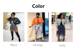 Cropped puffer jacket color selection in black, orange, and gray with stand collar