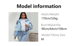 Size chart showing model wearing a patchwork denim puffer jacket in blue shades