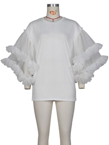 White crewneck t-shirt dress with layered mesh tulle sleeves and loose fit design