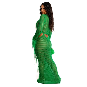 Detail of green crochet dress featuring ostrich feather cuffs and hollow out knit pattern
