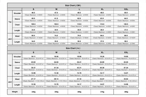 Detailed size chart for women's two-piece skirt set in CM and Inches from S to XXL