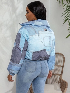 Chic women's denim print quilted jacket with stand collar and patch pattern design