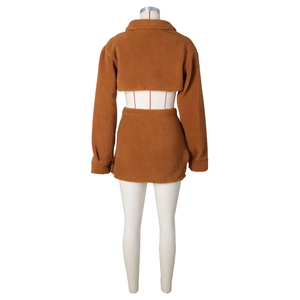 Rear view of brown faux shearling crop top and mini skirt set on a white background