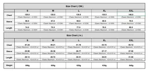 Women's padded coat size chart with measurements in CM and inches for S to XXL