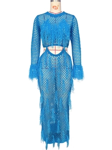 Bright blue crochet knit beach set with long sleeve crop top and fringed maxi skirt