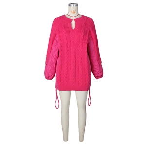 Detail of rose pink knit sweater with quilted sleeves and adjustable drawstring hemline