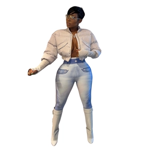 Full view of short gray puffer jacket with stand collar and denim print leggings