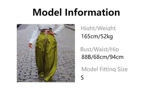 Sizing chart and model info for olive wide-leg cargo trousers with side pockets