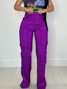 Pantalon Cargo Femme Taille Haute Multi Poches Satin Éclat Métallique Jambe Large Droit Streetwear Casual Chic Mode
