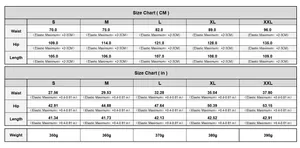 Detailed size chart in CM and Inches for wide-leg pants covering sizes from S to XXL