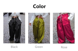 Three-color comparison of high-waisted cargo pants in black, green, and rose with pockets