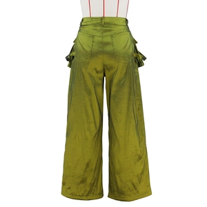 Detail of high-waisted dark green wide-leg trousers featuring satin finish and back pockets