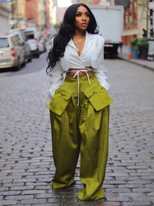 Women High Waist Wide Leg Cargo Pants Streetwear Fashion Satin Gloss 3D Detachable Pockets Adjustable Drawstring Casual Trousers