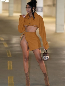 Women Sexy Faux Lamb Wool Two Piece Skirt Set Long Sleeve Ultra Crop Top And High Slit Mini Skirt Solid Color Outfit