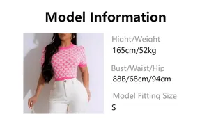 Size guide for heart pattern knit short sleeve top showing model height and dimensions