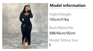 Size chart showing model measurements and fit details for the black knit bodycon dress