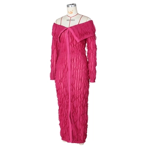 Detail of rose red bodycon dress with vertical pleated texture and button collar