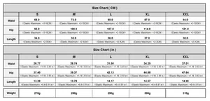 Detailed size chart for high-stretch multi-pocket cargo shorts from S to XXL with measures