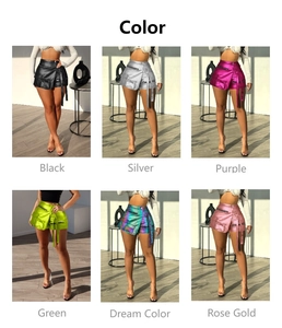 Multiple colors of metallic high-waist cargo shorts with pockets and zipper details
