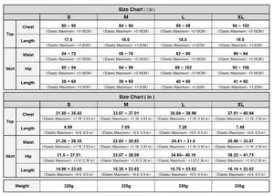 Detailed size chart for crochet beach set showing top and skirt dimensions in cm and inches