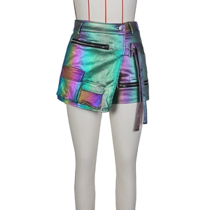 Iridescent high-waisted cargo mini skirt with metallic laser finish and functional pockets