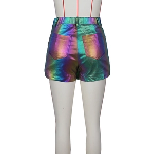 Rear view of iridescent metallic cargo shorts featuring a high waist and large back pockets
